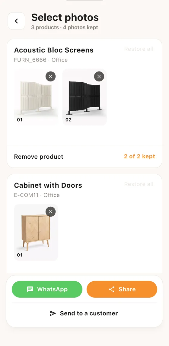Choosing which product photographs to include before sending a collection to a customer.